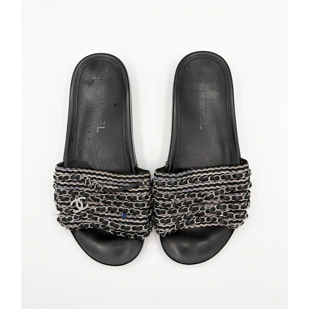 Chanel Black Tweed Tropiconic Chain Flat Slides Sandals Pink & Blue Accent EU 38 - Picture 2 of 11